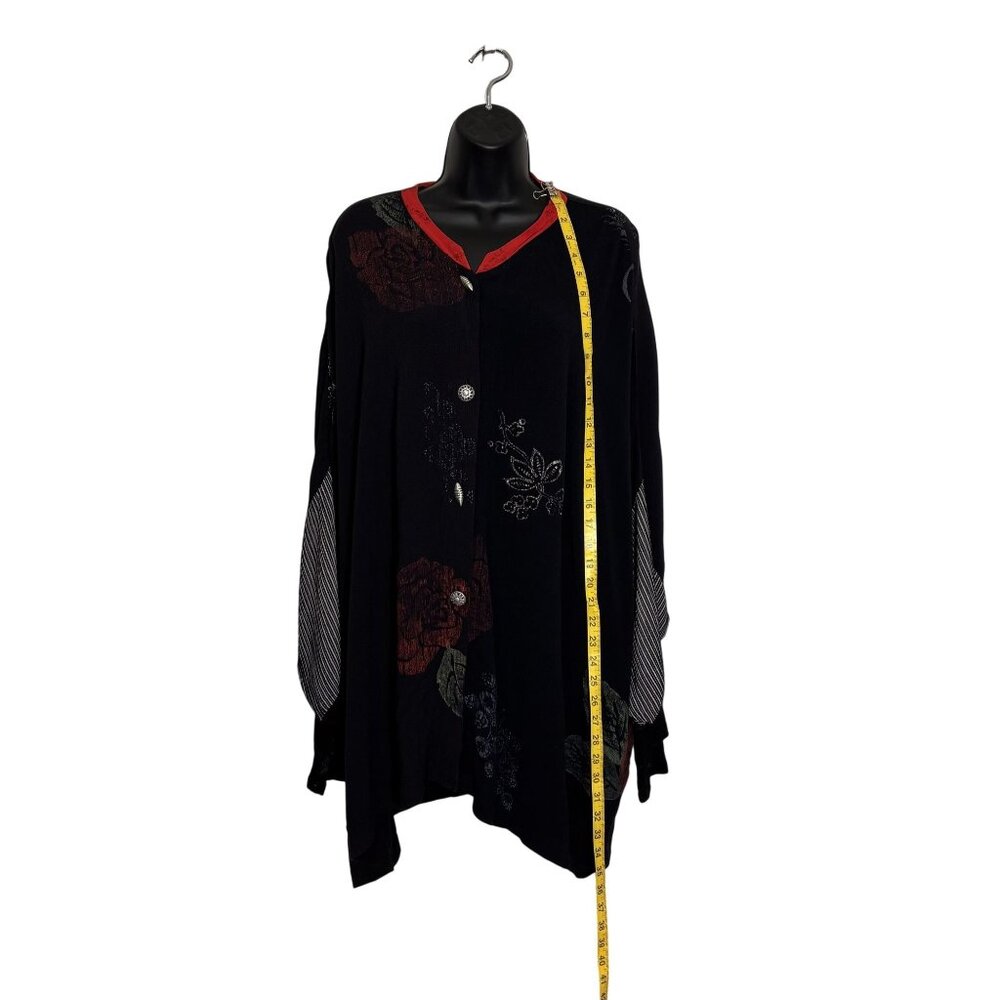 JG's Mad Lab Vintage Black Button-Up Tunic With Red Accents & Floral Design - Picture 6 of 10